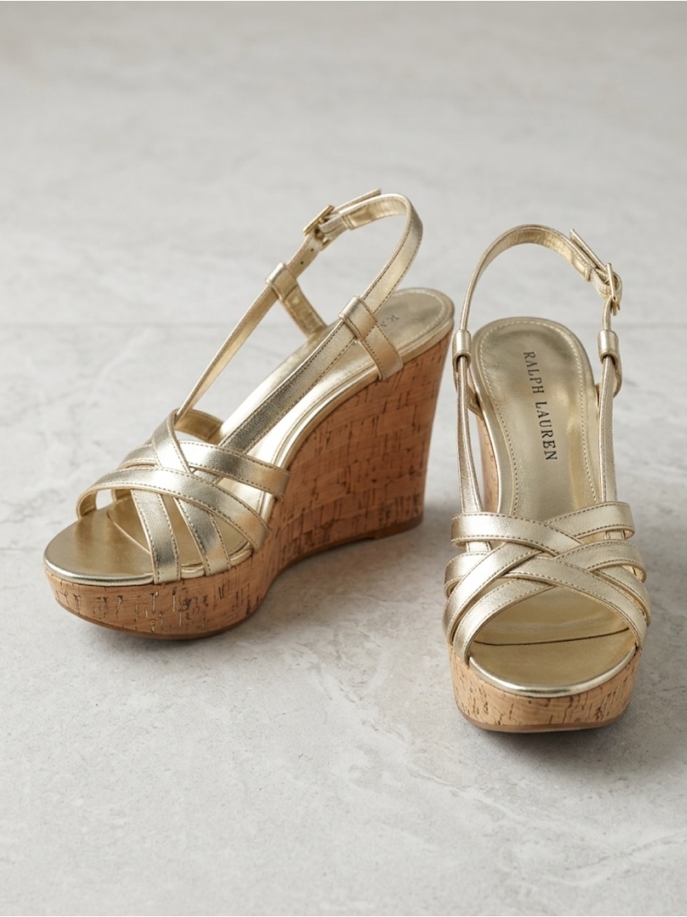 36 Lauren Ralph Lauren Old Money Gold Wedge Sandals Size 7 Quite Luxury Hampton